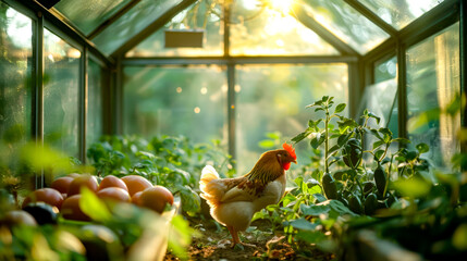 Chicken is standing in the middle of garden with eggs in the background. - obrazy, fototapety, plakaty