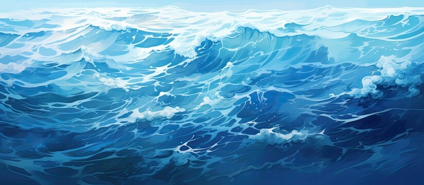 A mesmerizing painting capturing the fluidity of water, with waves crashing on the shore under a stormy atmosphere. The horizon and landscape blend seamlessly with the aqua tones and cloudfilled sky
