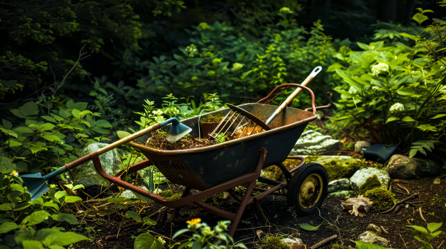 Wheelbarrow filled with dirt and dirt next to lush green forest.