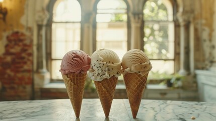 Fresh tasty organic ice cream in waffle cone 