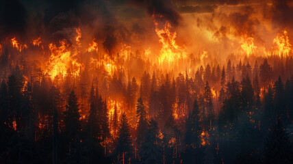 Environmental catastrophe: raging infernos engulf forests, a global disaster unfolds.