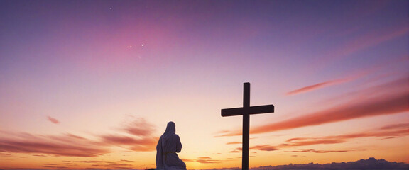 Christian easter. Conceptual religious symbol on a colorful sky at sunset.  - obrazy, fototapety, plakaty