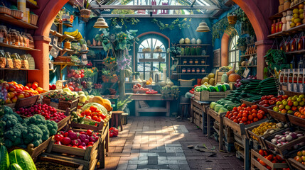 Room filled with lots of different types of fruits and veggies. - obrazy, fototapety, plakaty