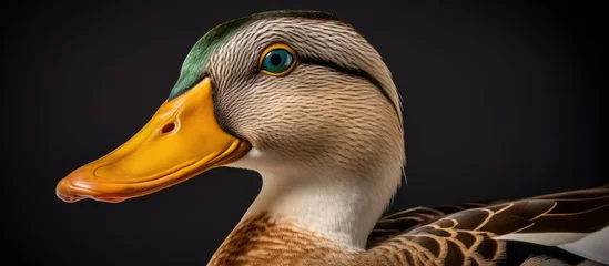 Foto op Aluminium A closeup of a duck, a waterfowl organism with a yellow beak, on a black background. Ducks, geese, and swans belong to the water bird category, known for their beak adaptation for feeding in water © 2rogan