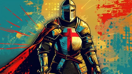 Foto op Plexiglas Crusader Knight in Pop Art style with colorful armor and medieval heroism stands bold and vibrant © Superhero Woozie