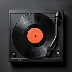 A record player with an orange disc spinning on it, ready to play music.