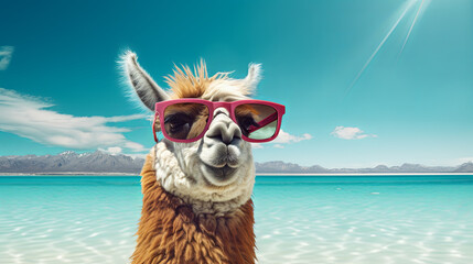 The concept of a beach vacation is depicted by a llama wearing sunglasses, enjoying the ocean view - obrazy, fototapety, plakaty