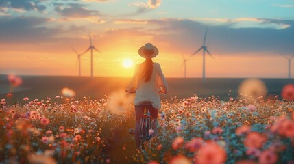 Woman Riding Bike Through Field of Flowers