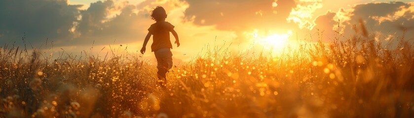 Child running through a field, laughter echoing, showcasing the pure simplicity and unscripted joy of childhood in natural light - obrazy, fototapety, plakaty