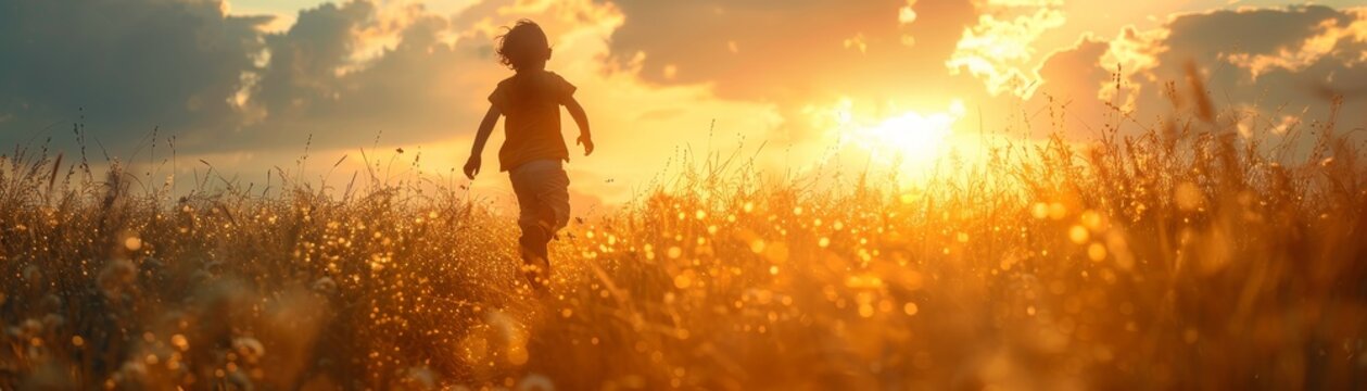Child running through a field, laughter echoing, showcasing the pure simplicity and unscripted joy of childhood in natural light