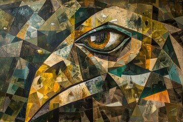 Cubism style representation of Egyptian Eye of Horus in an abstract geometric artwork