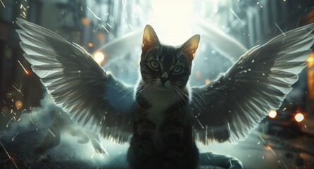 A cat with wings perched on a table, looking curious and alert. - obrazy, fototapety, plakaty