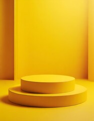 Abstract Pedestal of platform display with modern stand podium on yellow room background. Blank Exhibition stage backdrop or empty product shelf 