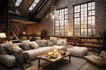 Fototapeta na wymiar Stylish Loft style house sofa. Modern living room. Generate Ai