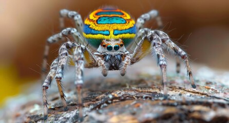 A close up of a vibrant spider with multiple colors crawling on a piece of wood. - Powered by Adobe