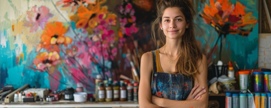 Artist in her workshop, surrounded by vibrant colors and raw materials, showcasing the beauty of artistic imperfections