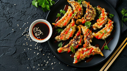 Asian food Gyoza or Jiaozi fried dumplings served with soy sauce, shriracha sauce and sesame seeds on black concrete background, top view
