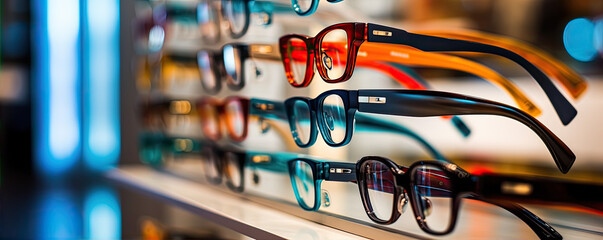 glasses in the shelves store - obrazy, fototapety, plakaty