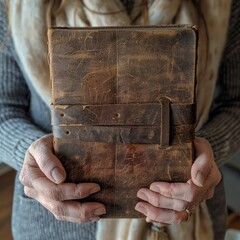 Capturing heartfelt personal stories and honest reflections, a weathered leather-bound journal is held in hands - obrazy, fototapety, plakaty