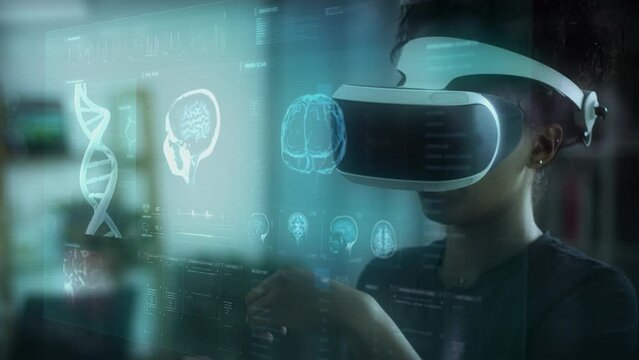 
	
Medical Science New Technology, Female African American Using VR Glasses Virtual Reality Working On AI Interface. Brain, Human, MRI.  Scientist or Patient Checking Data. All content in my portfolio