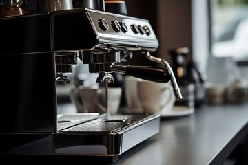 Professional espresso machine pouring fresh coffee in cafe setting - obrazy, fototapety, plakaty