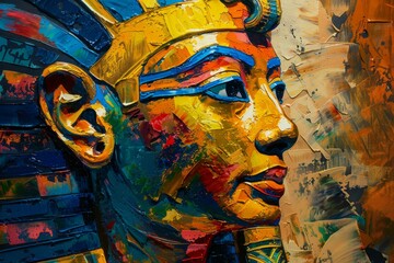 Ramses II profile in an Egyptian Pharaoh oil painting with rich historical and cultural symbols - obrazy, fototapety, plakaty