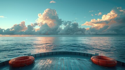 a ship deck overlooking a vast blue ocean, adorned with a buoy and lifebuoy, creating a captivating maritime background. - obrazy, fototapety, plakaty