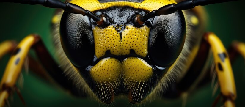 Macro photography showcasing the symmetrical head of a yellow wasp, an arthropod insect on a green background. This invertebrate wildlife pest is a terrestrial animal