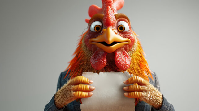 the character of a rooster with a piece of paper in his hands . 3d illustration