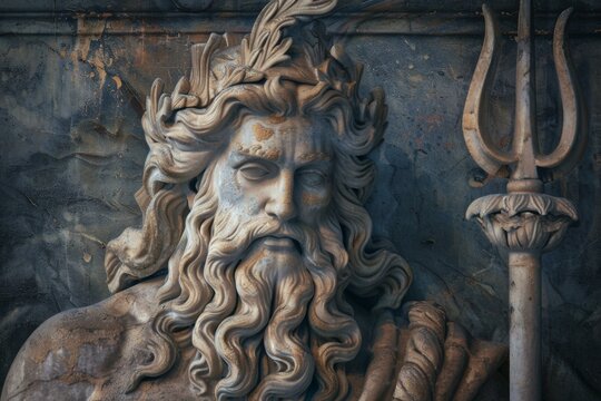 Neptune God of Sea depicted in Roman mythology, a stone statue with a sculpted trident and symbolic beard