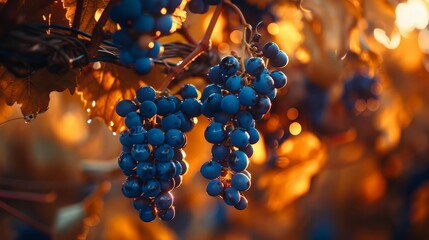 Cluster of grapes dangling from a vine on a tree branch. - Powered by Adobe