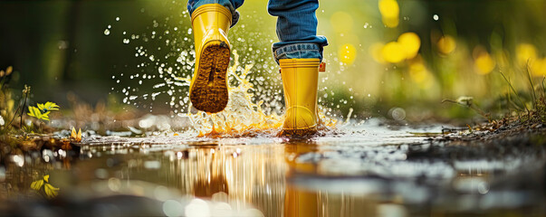 Fototapeta premium Happy kid splashing in puddles with yellow rubber boots.