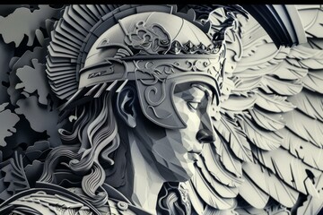 Athena Goddess of Strategy depicted in black and white Greek mythology art sculpture