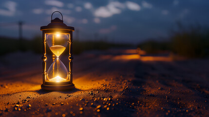 An hourglass lantern glows warmly on a sandy path under a twilight sky - obrazy, fototapety, plakaty