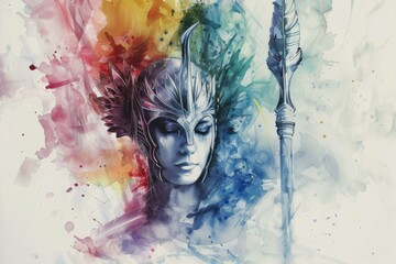 Watercolor painting of Minerva Goddess of Wisdom with Roman mythology helmet and spear