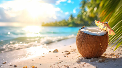 Fototapeta na wymiar Coconut cocktail on the sunny tropical beach background