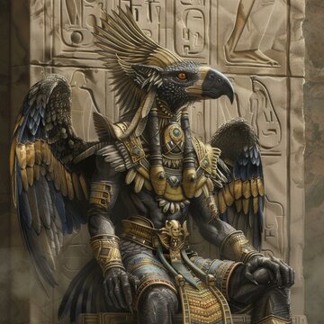 Egyptian deity Ra depicted as an anthropomorphic bird adorned in ancient god attire with Horus influences
