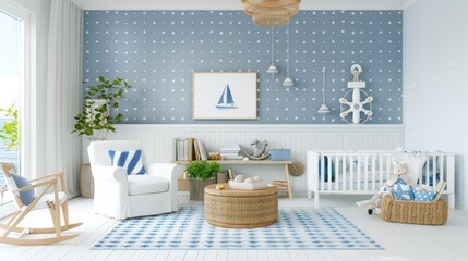 a white kid's bed nestled in a bright room in sea style, adorned with armchairs, a lamp, and a vase on the table, embellished with marine decorations that spark wonder and whimsy.