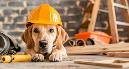 A dog lying on the ground while wearing a hard hat for protection.