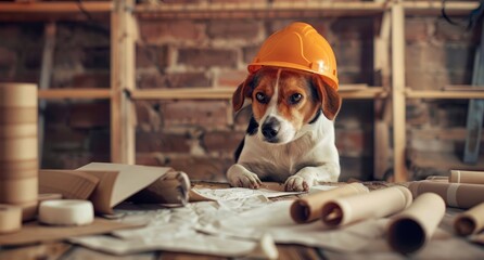 A dog stands on a table, wearing a hard hat on its head.