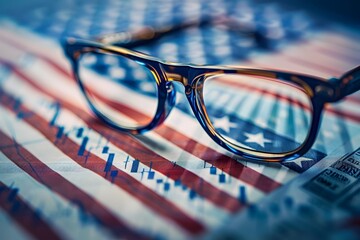 American economy concept with eyeglasses - Close-up focus on eyeglasses overlayed on a US flag motif with economic stock graphs in the background - obrazy, fototapety, plakaty
