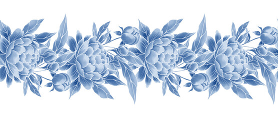 Decorative blue border. Peony flowers, seamless floral pattern. - 761757950
