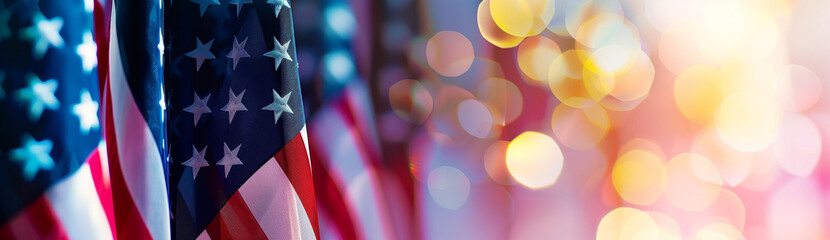 American flags in a row with a bokeh background, symbolizing patriotism and celebration in a vibrant display - obrazy, fototapety, plakaty