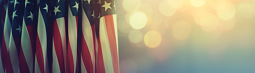 A close-up of multiple American flags lined up, backlit by a radiant bokeh light effect