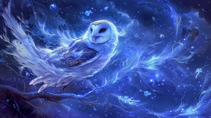 Ghostly owl with ethereal wings gliding silently through a haunted mansion phasing through walls escaping a barrage of spectral orbs