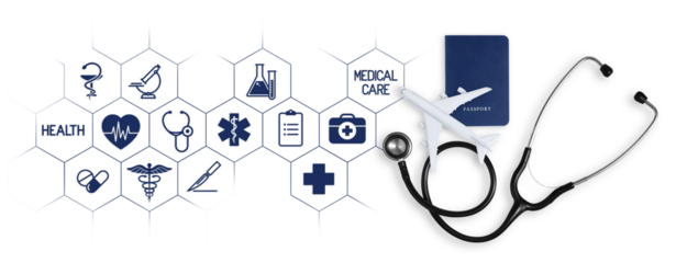 Top view of a passport with airplane, stethoscope and icons symbolizing the importance of medical insurance for travel, whether it's a summer beach vacation or a business trip. Health and safety
