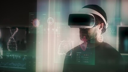 Caucasian Businessman Using futuristic VR Glasses. Medical Animations appearing: MRI, DNA, Brain, Heart and Cell Animations. Augmented Reality Headset, Metaverse. All content included in my portfolio. - Powered by Adobe