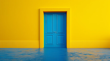 Blue door on the yellow wall background