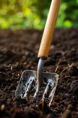Garden shovel digs into the rich, dark soil, illuminated by natural light filtering through green foliage in the background.