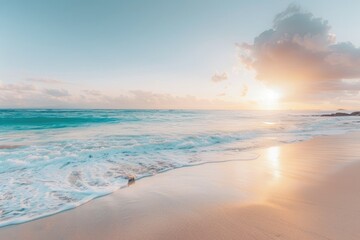 Fototapeta na wymiar Empty sandy beach with soft waves and serene horizon